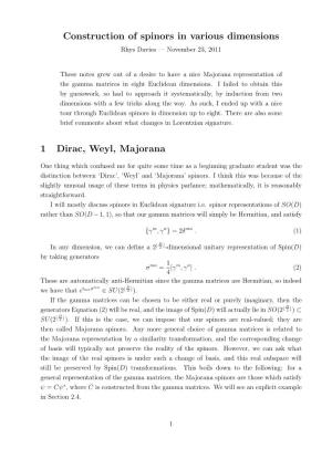 Construction of Spinors in Various Dimensions 1 Dirac, Weyl, Majorana