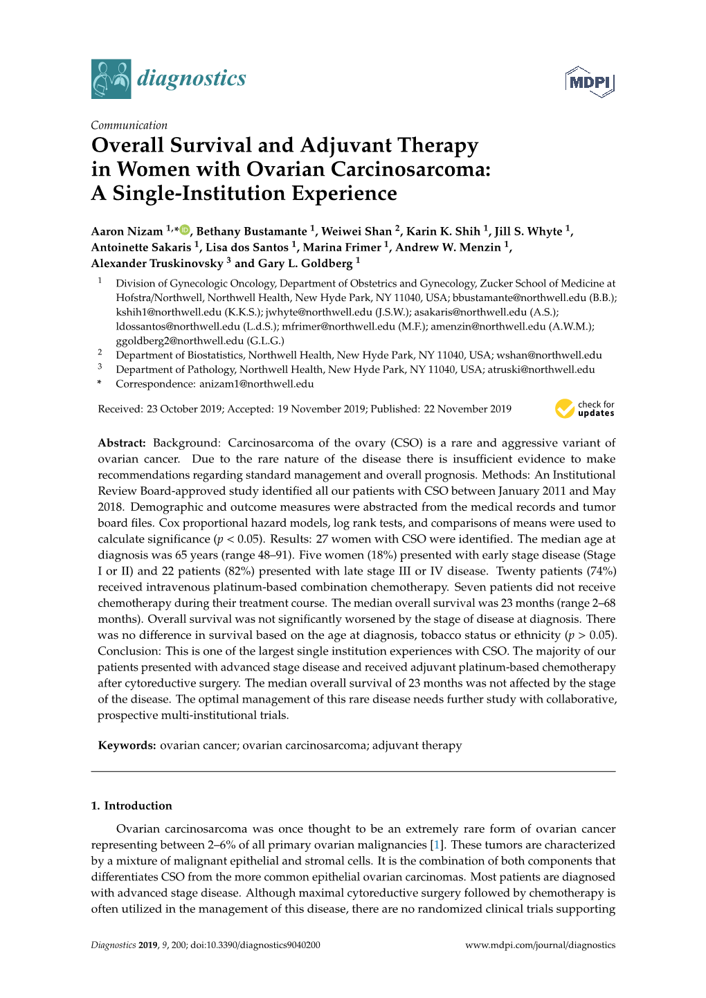 Overall Survival and Adjuvant Therapy in Women with Ovarian Carcinosarcoma: a Single-Institution Experience