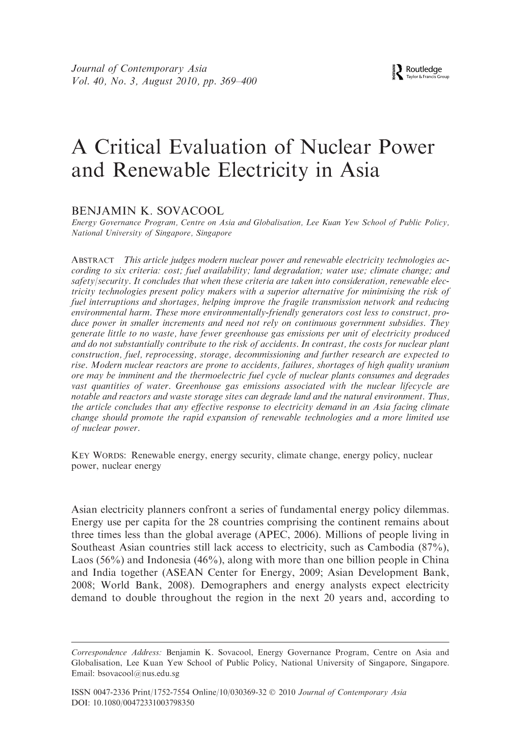 A Critical Evaluation of Nuclear Power and Renewable Electricity in Asia