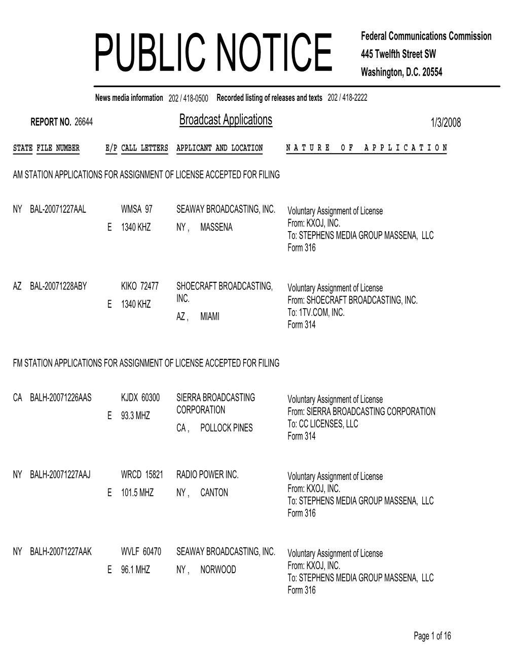 Broadcast Applications 1/3/2008