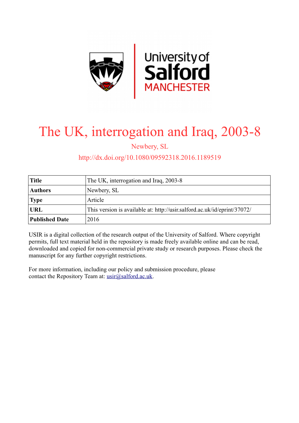 The UK, Interrogation and Iraq, 2003-8 Newbery, SL