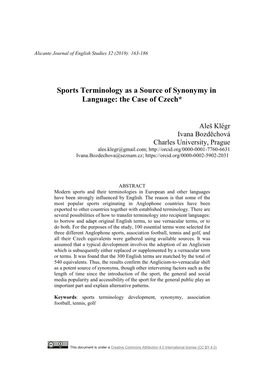 Sports Terminology As a Source of Synonymy in Language: the Case of Czech*
