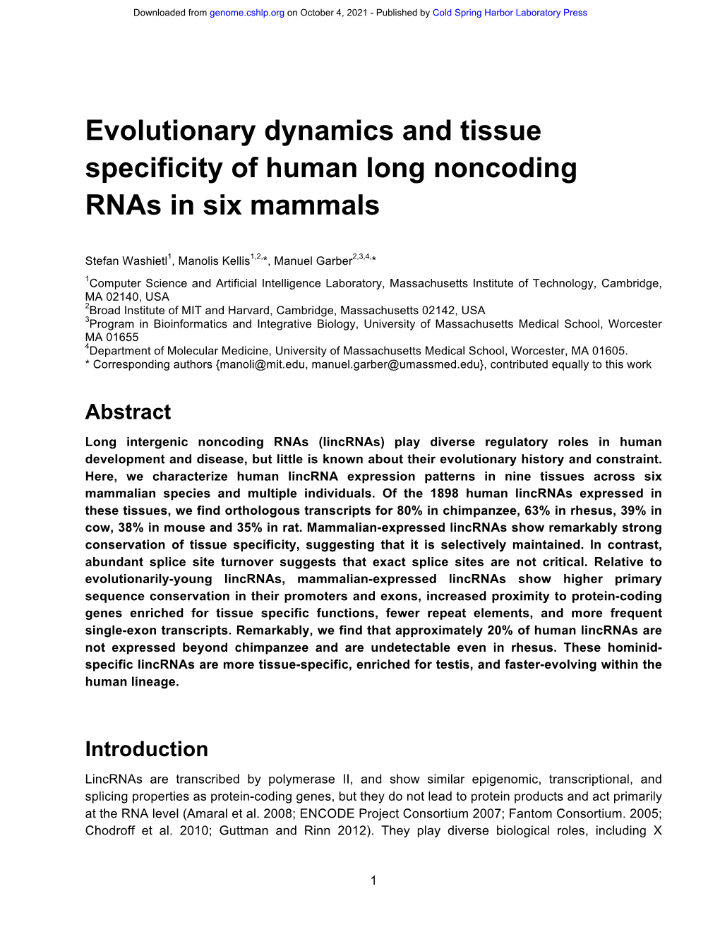 Evolutionary Dynamics and Tissue Specificity of Human Long Noncoding Rnas in Six Mammals