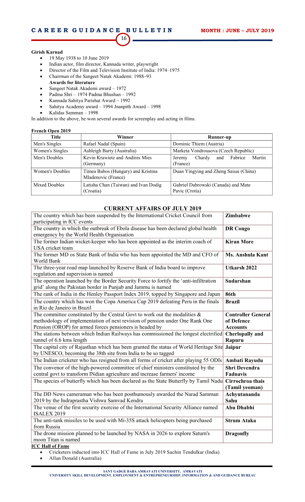 Careerguidancebulleti N Current Affairs of July 2019