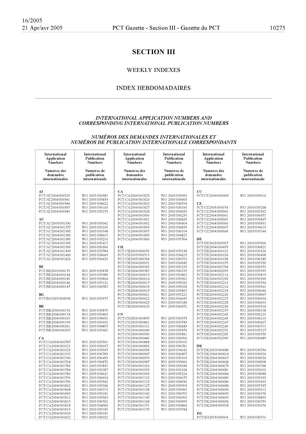 PCT Gazette, Weekly Issue No. 16, 2005