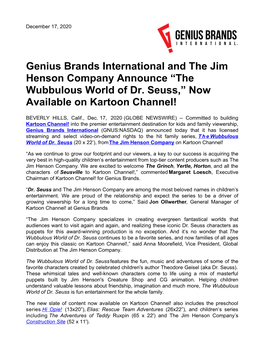 Genius Brands International and the Jim Henson Company Announce “The Wubbulous World of Dr