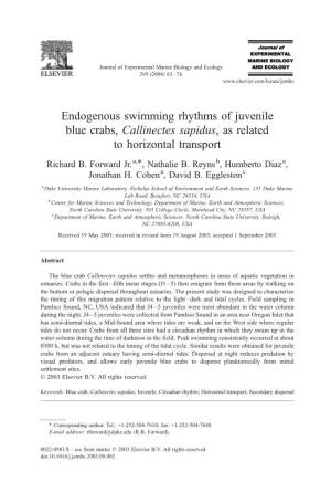 Endogenous Swimming Rhythms of Juvenile Blue Crabs, Callinectes Sapidus, As Related to Horizontal Transport
