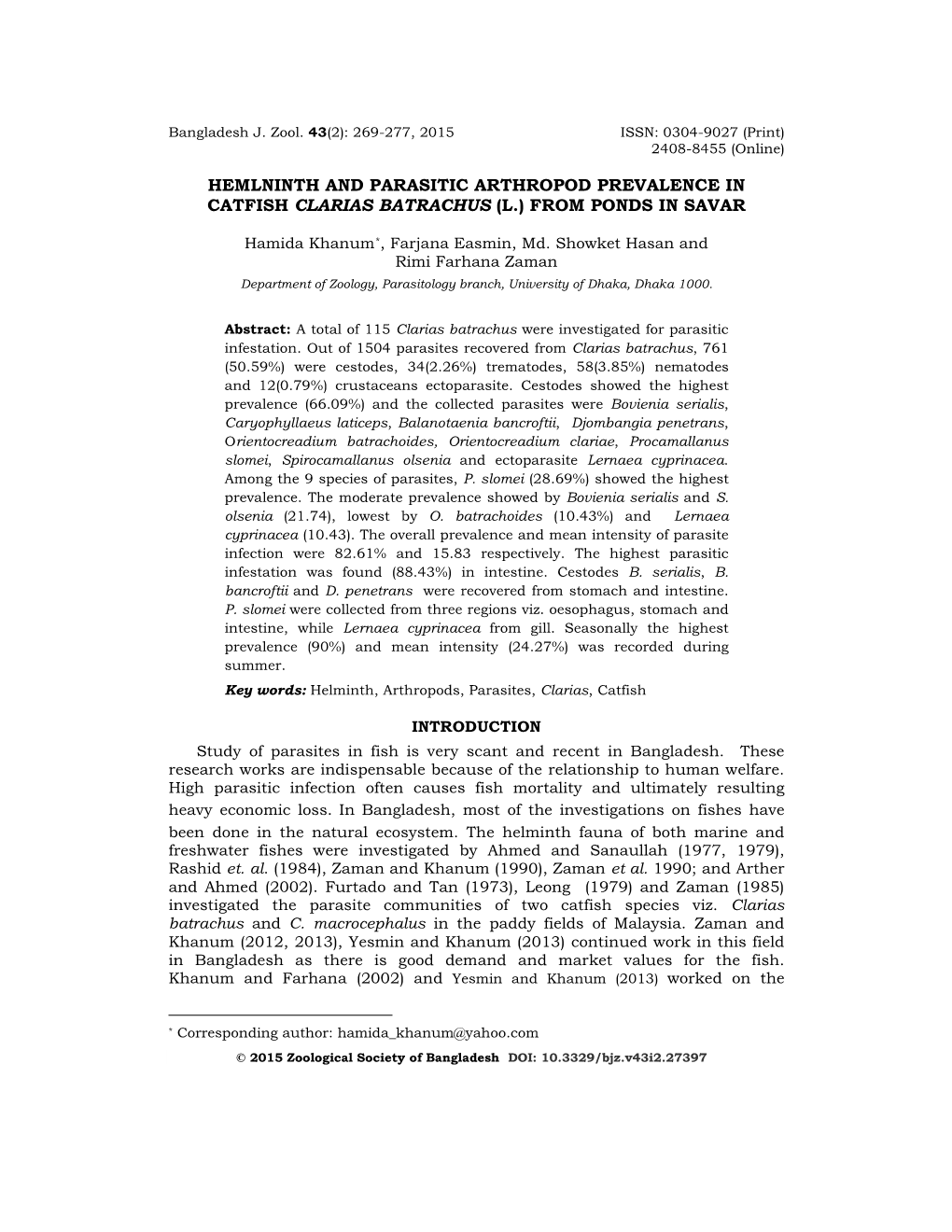 Hemlninth and Parasitic Arthropod Prevalence in Catfish Clarias Batrachus (L.) from Ponds in Savar