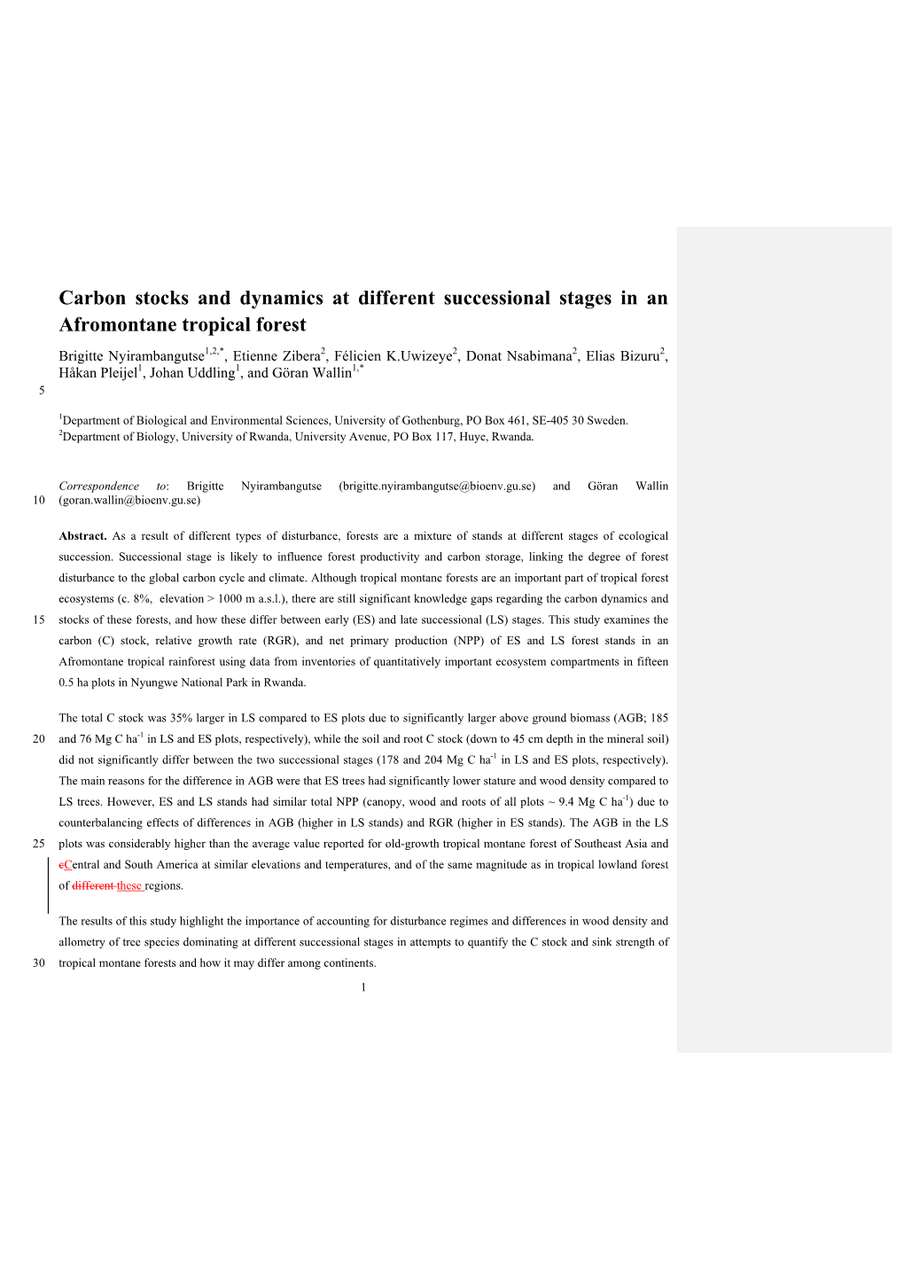 Carbon Stocks and Dynamics at Different Successional Stages in An