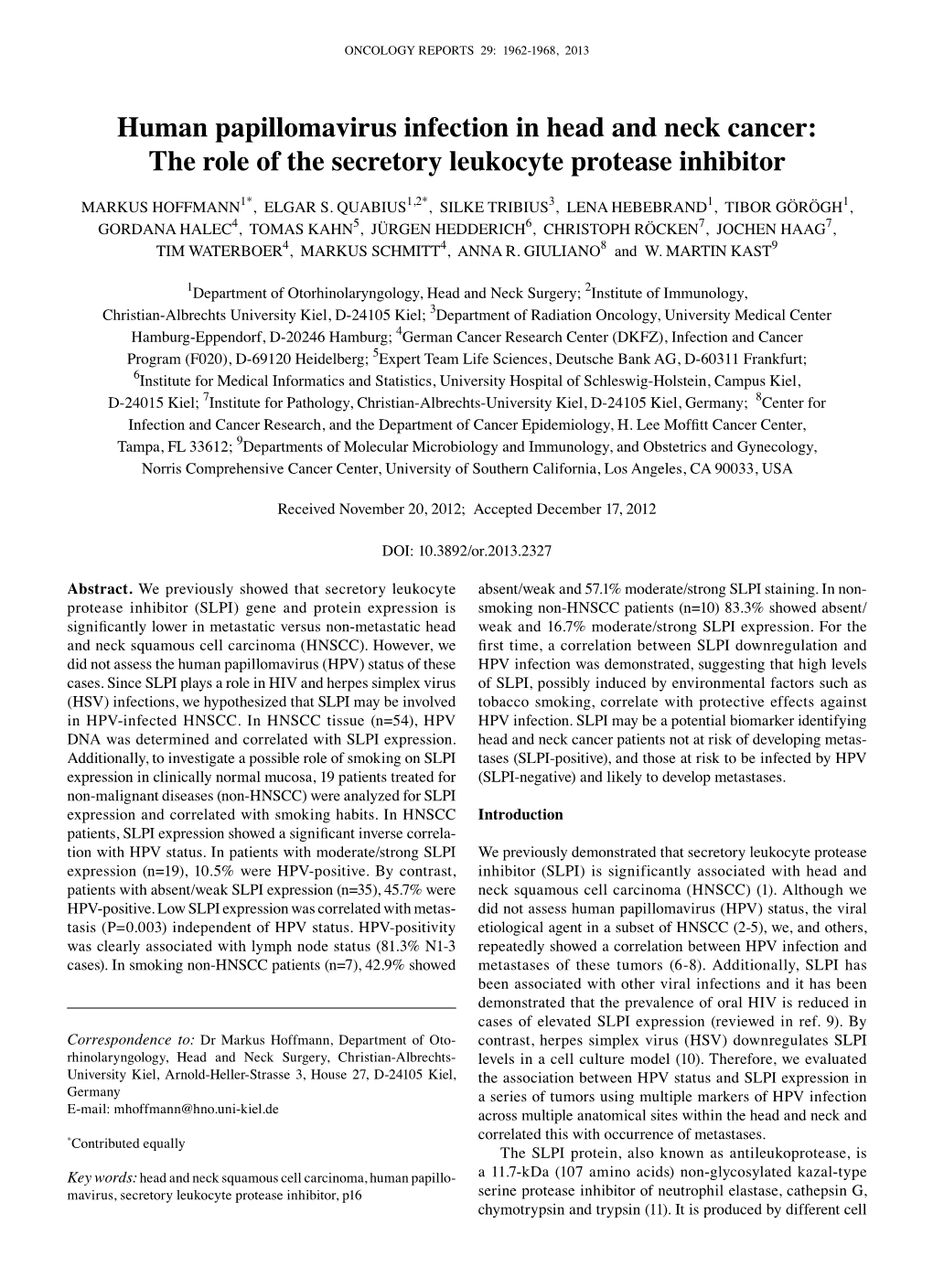 Human Papillomavirus Infection in Head and Neck Cancer: the Role of the Secretory Leukocyte Protease Inhibitor