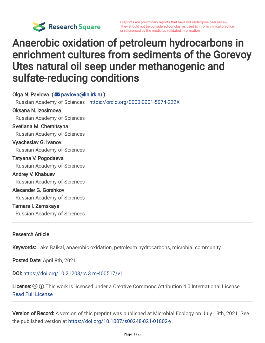 Anaerobic Oxidation of Petroleum Hydrocarbons in Enrichment Cultures from Sediments of the Gorevoy Utes Natural Oil Seep Under M