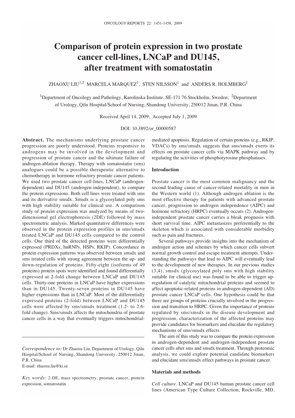 Comparison of Protein Expression in Two Prostate Cancer Cell-Lines, Lncap and DU145, After Treatment with Somatostatin