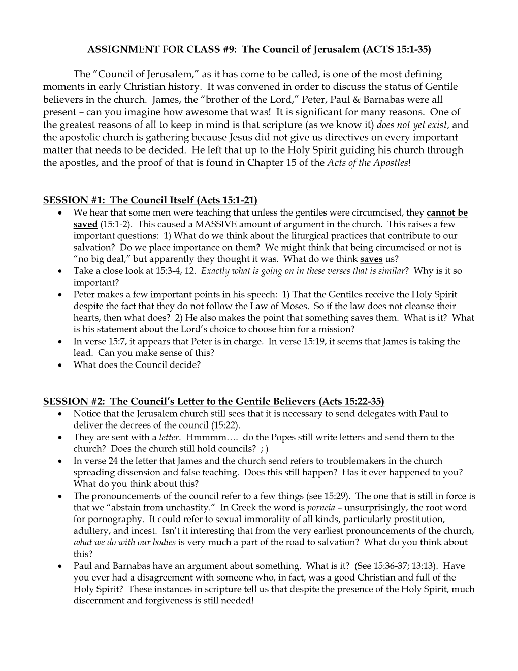 ASSIGNMENT for CLASS #9: the Council of Jerusalem (ACTS 15:1-35)