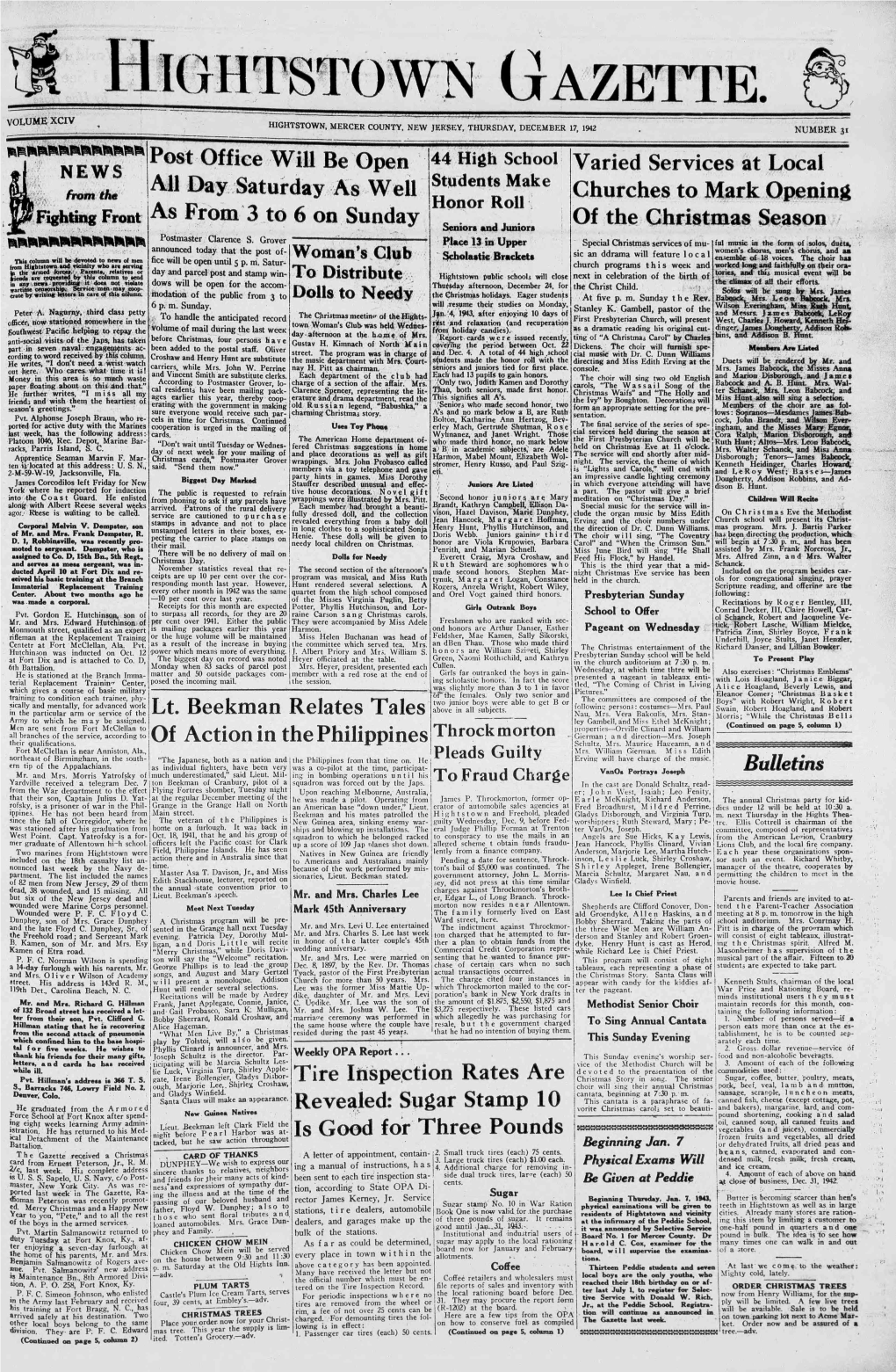 Hightstown Gazette. VOLUME X Crv HIGHTSTOWN, MERCER COUNTY, NEW JERSEY, THURSDAY, DECEMBER 17, 1942 NUMBER 31