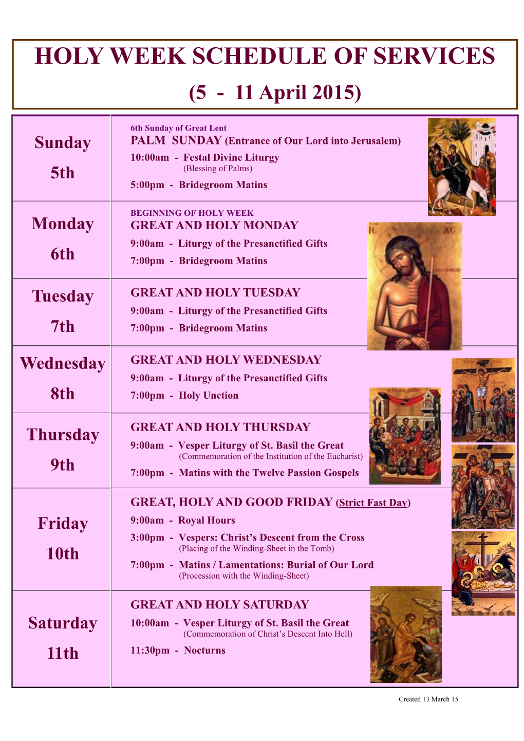 Holy Week Schedule of Services