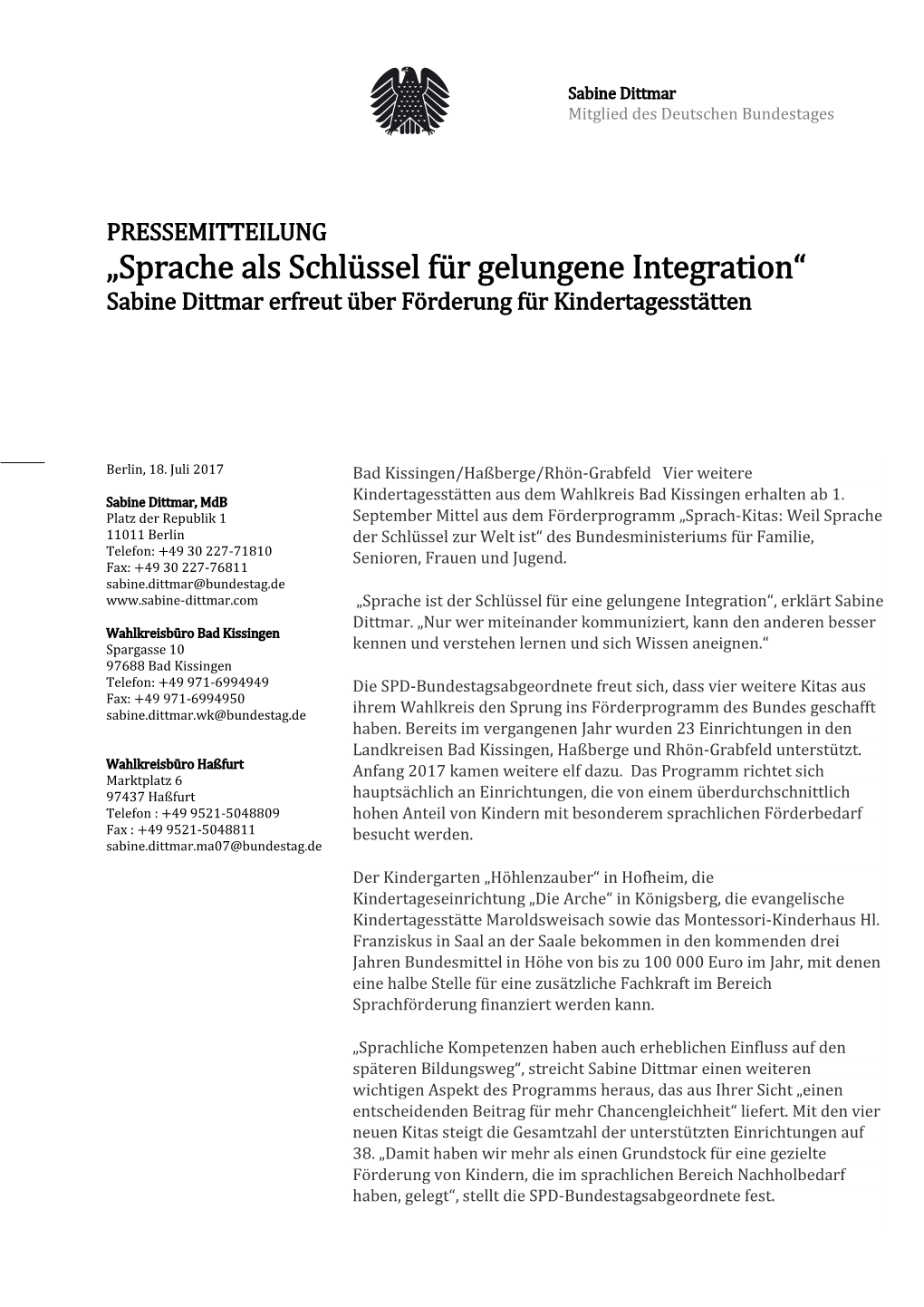 „Sprache Als Schlüssel Für Gelungene Integration“ Sabine Dittmar Erfreut Über Förderung Für Kindertagesstätten
