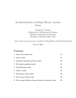 An Introduction to Coding Theory: Lecture Notes