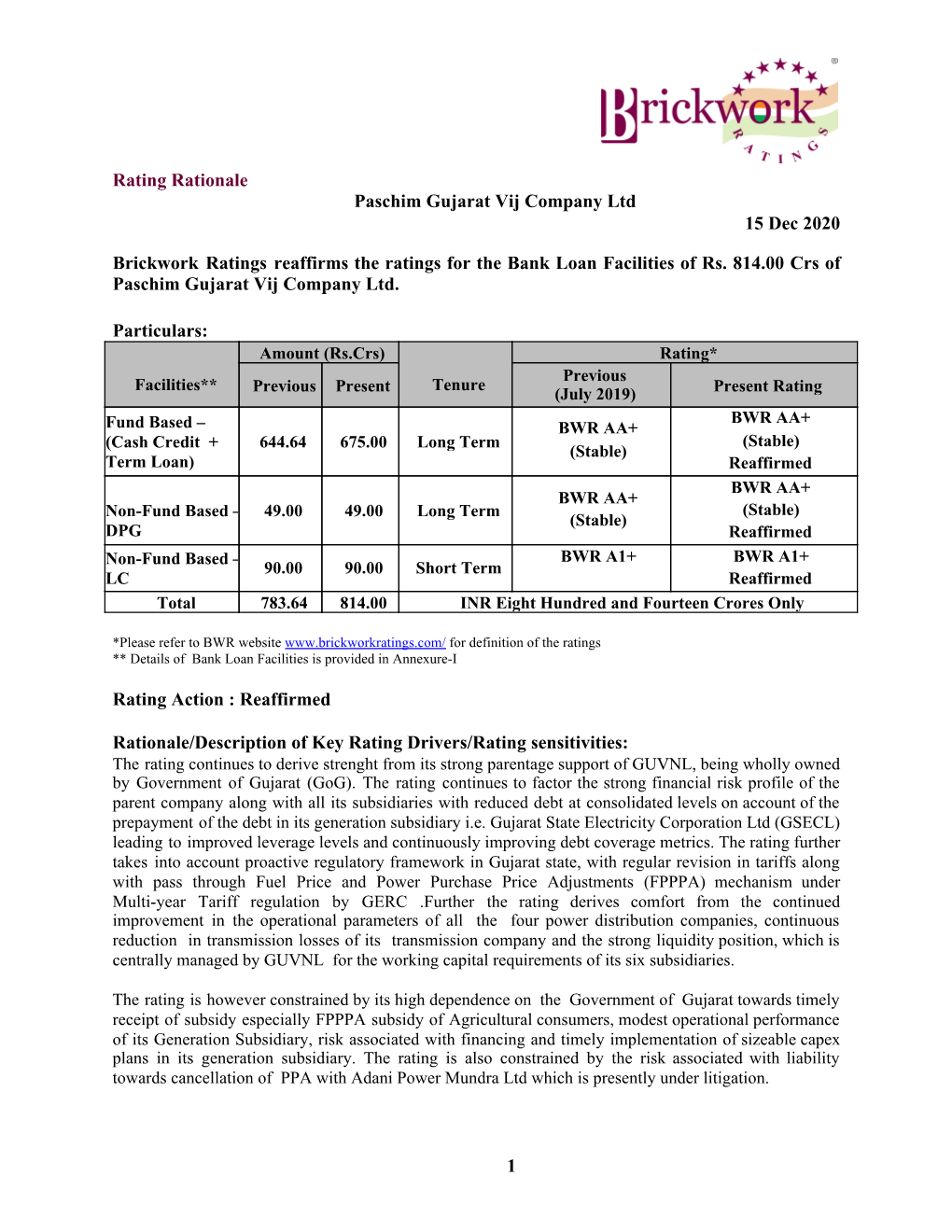 Rating Rationale Paschim Gujarat Vij Company Ltd 15 Dec 2020