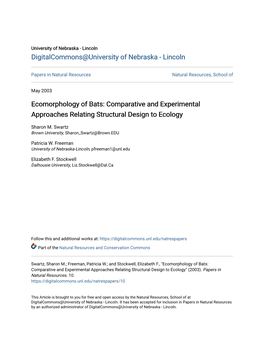 Ecomorphology of Bats: Comparative and Experimental Approaches Relating Structural Design to Ecology