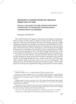 Religious Communities in Croatia from 1945 to 1991 Social Causality of the Dissent Between Communist Authorities and Religious Communities’ Leadership