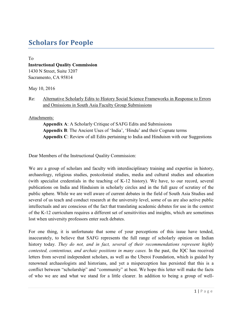 Scholars for People Letter Dated May 10