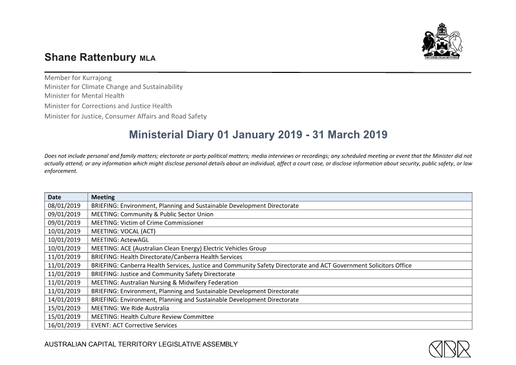Shane Rattenbury MLA Ministerial Diary Publication January