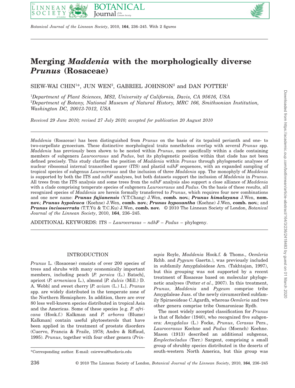 Merging Maddenia with the Morphologically Diverse Prunus