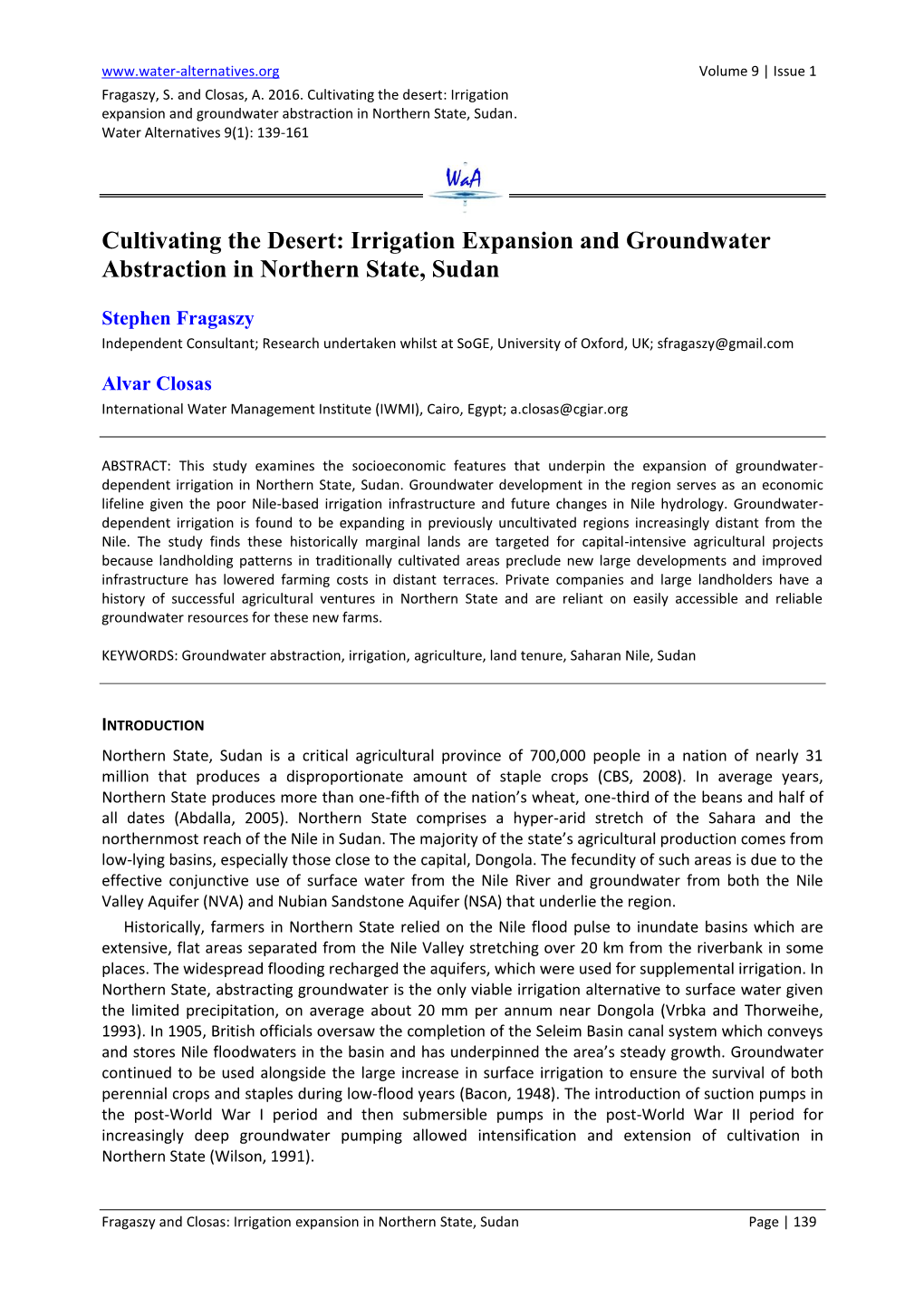 Irrigation Expansion and Groundwater Abstraction in Northern State, Sudan