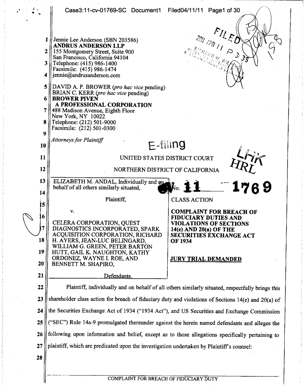 Elizabeth M. Andal V. Celera Corporation, Et Al. 11-CV-01769