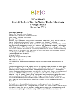 BHC-MSS 0021 Guide to the Records of the Warner Brothers Company by Meghan Rinn December 2019