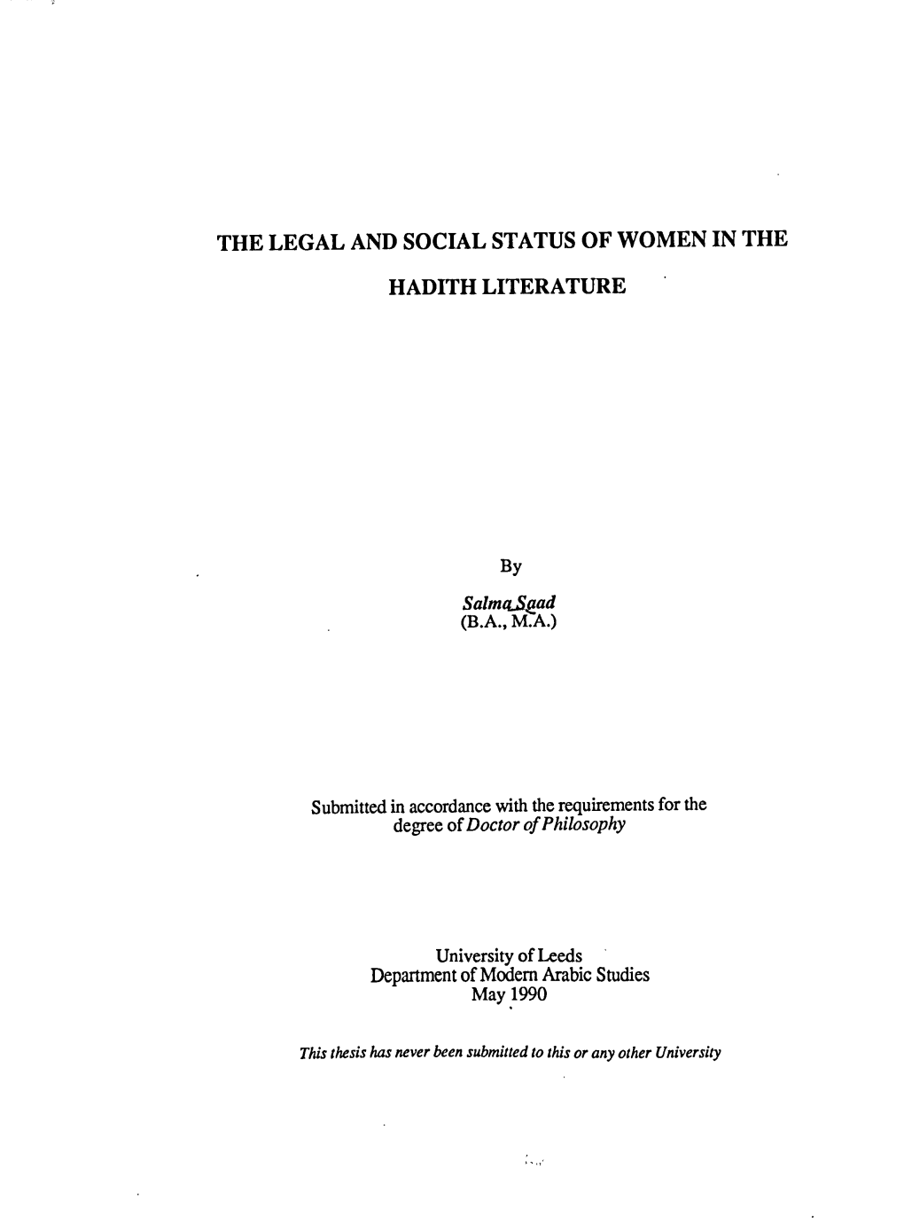 The Legal and Social Status of Women in the Hadith Literature