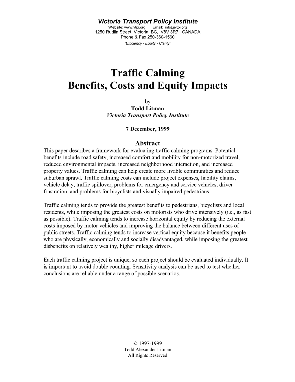 Traffic Calming Benefits, Costs and Equity Impacts