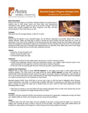 Bearded Dragon (Pogona Vitticeps) Care Compiled by Dr