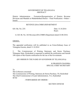 GOVERNMENT of TELANGANA ABSTRACT District Administration