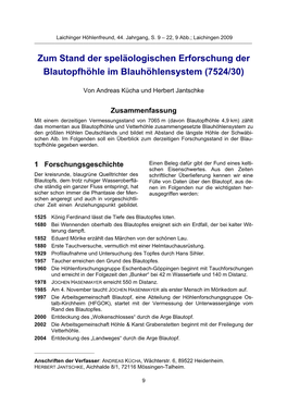 Zum Stand Der Speläologischen Erforschung Der Blautopfhöhle Im Blauhöhlensystem (7524/30)