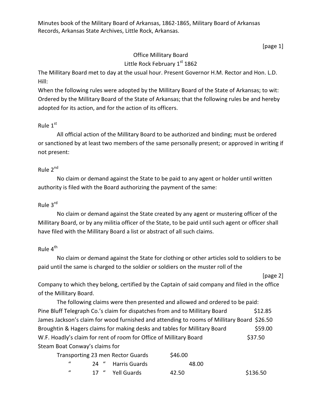 Minutes Book of the Military Board of Arkansas, 1862-1865, Military Board of Arkansas Records, Arkansas State Archives, Little Rock, Arkansas