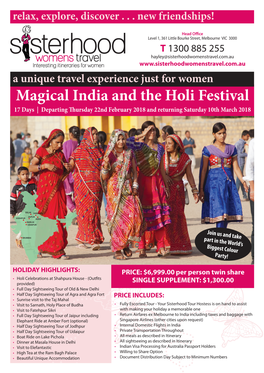 Magical India and the Holi Festival 17 Days | Departing Thursday 22Nd February 2018 and Returning Saturday 10Th March 2018