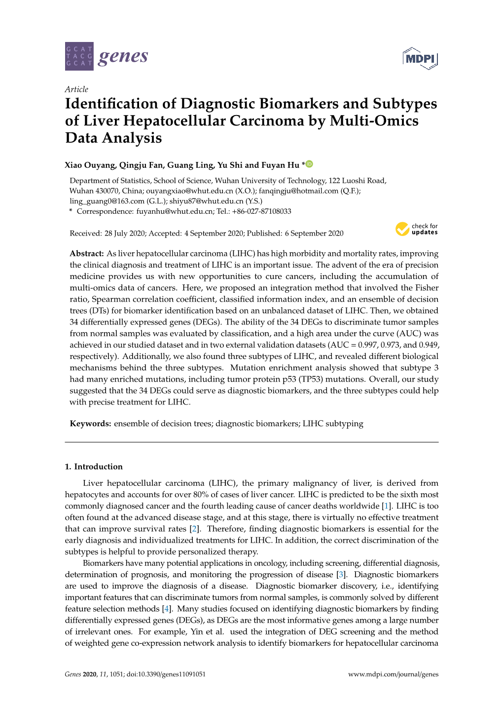 Identification of Diagnostic Biomarkers and Subtypes of Liver