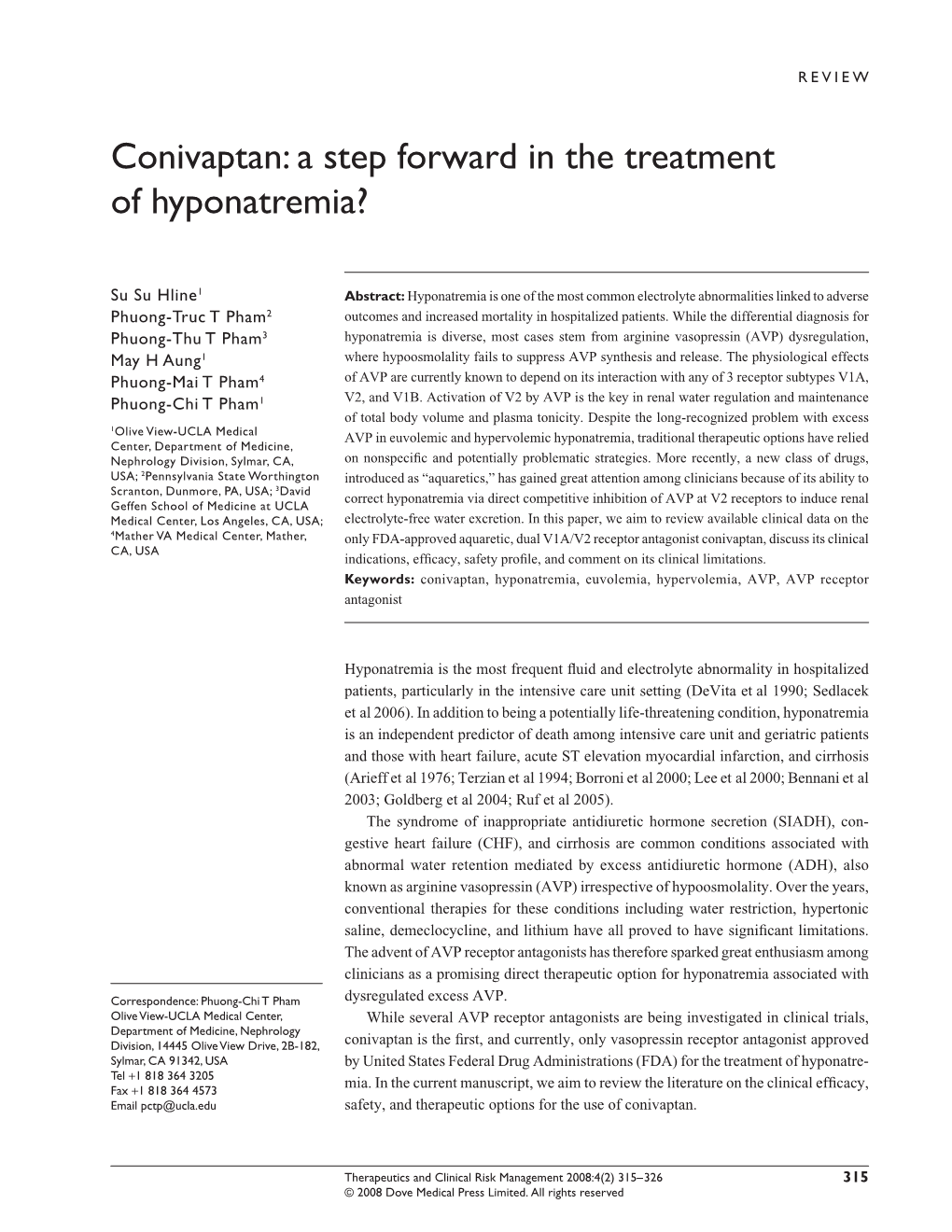 Conivaptan: a Step Forward in the Treatment of Hyponatremia?