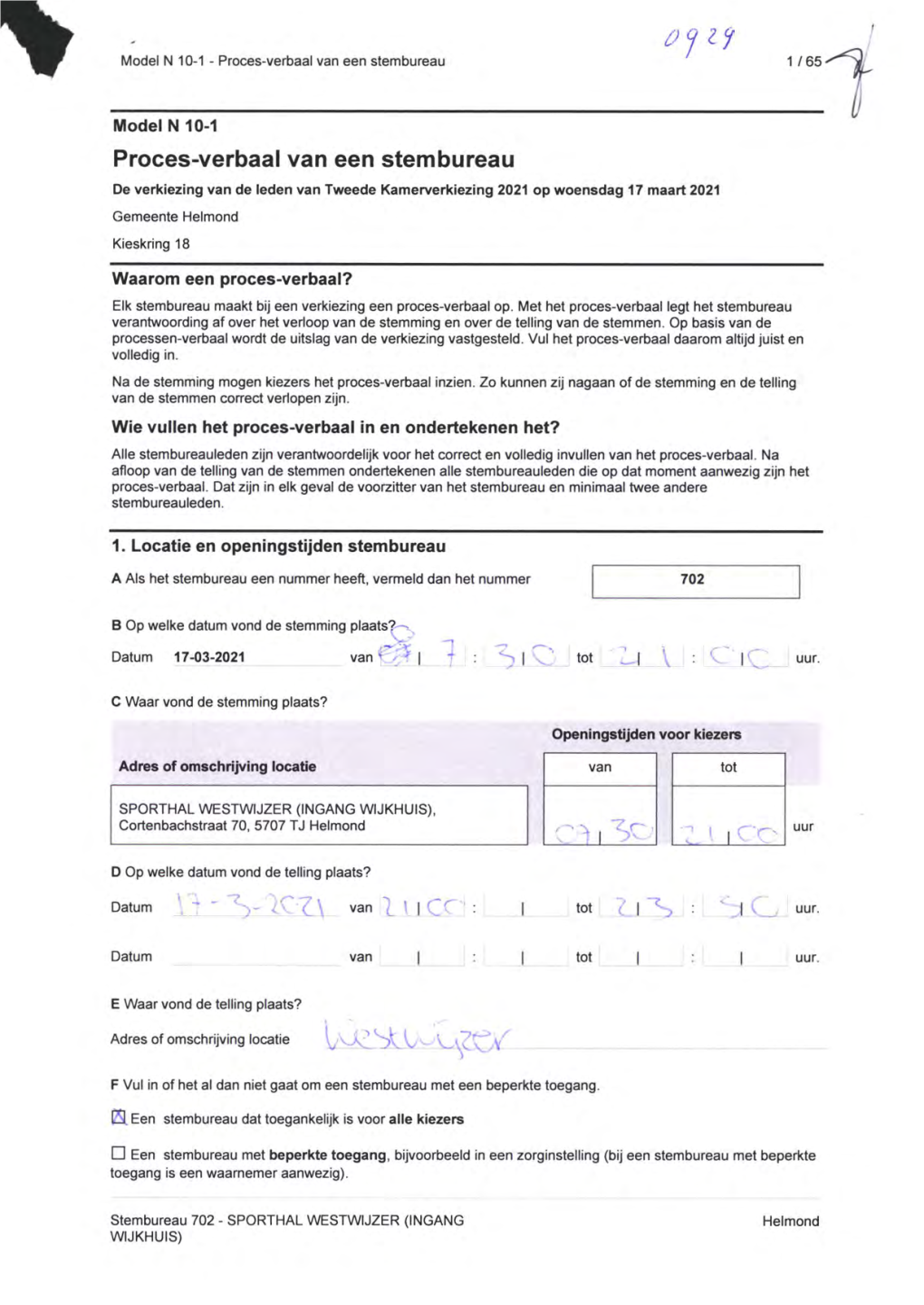 Proces-Verbaal Van Een Stembureau 1 / 65