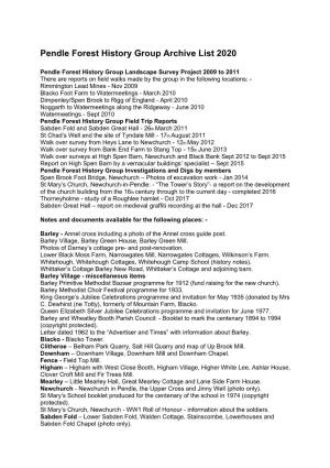 Pendle Forest History Group Archive List 2020