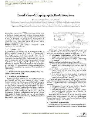 Broad View of Cryptographic Hash Functions