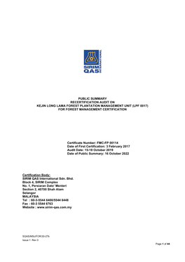 Public Summary Recertification Audit on Kejin Long Lama Forest Plantation Management Unit (Lpf 0017) for Forest Management Certification