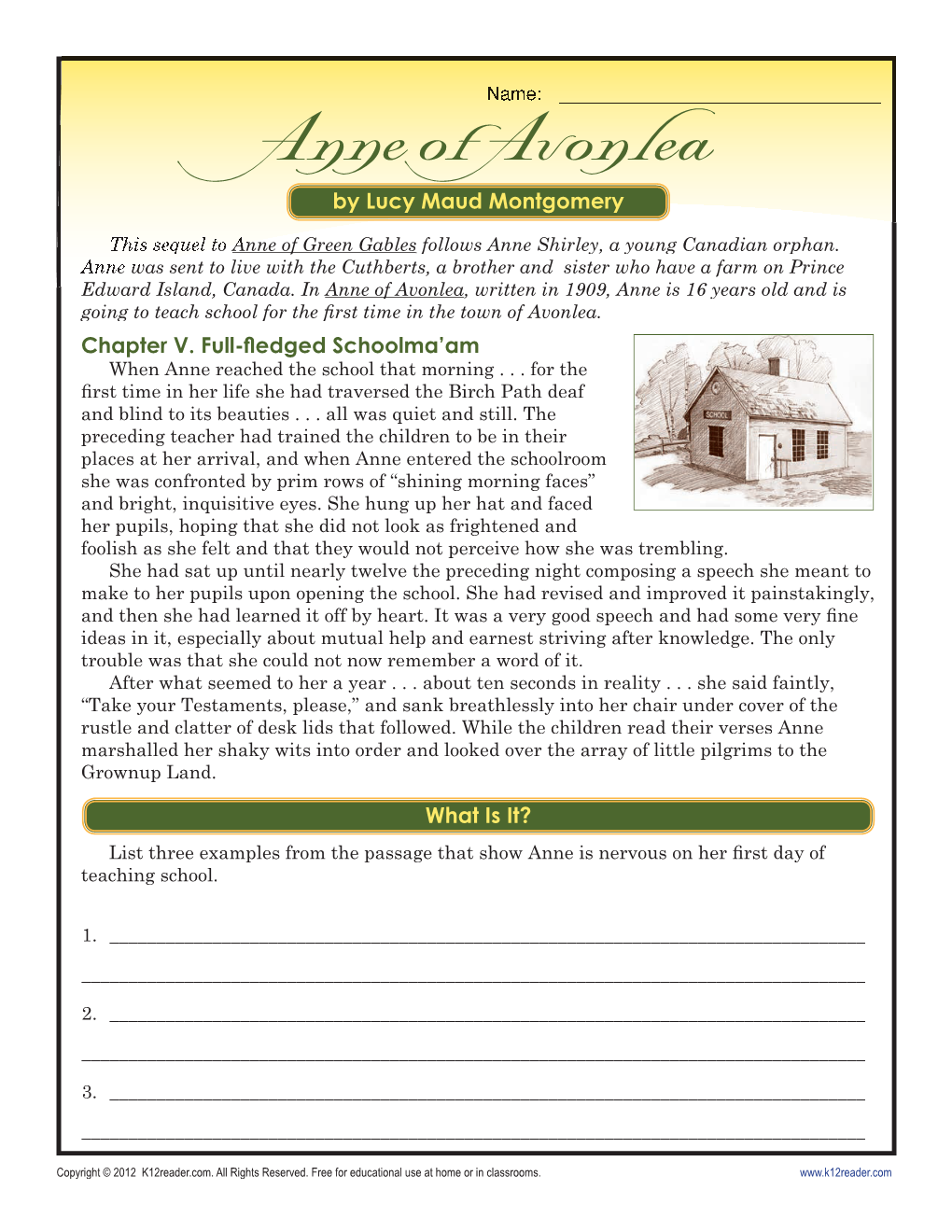 Anne of Avonlea | 7Th Grade Reading Comprehension Worksheet