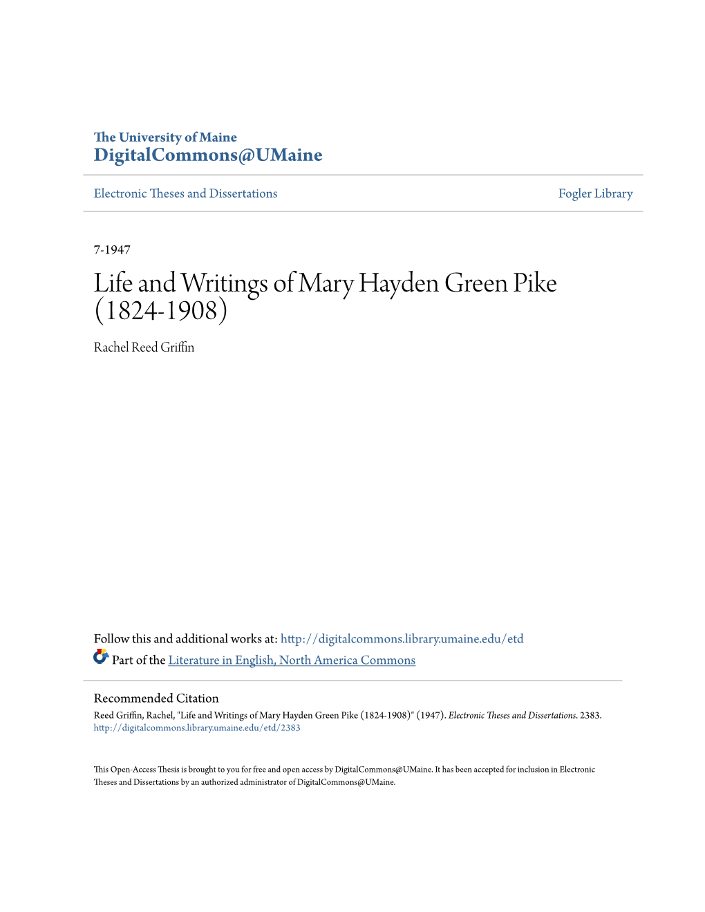 Life and Writings of Mary Hayden Green Pike (1824-1908) Rachel Reed Griffin