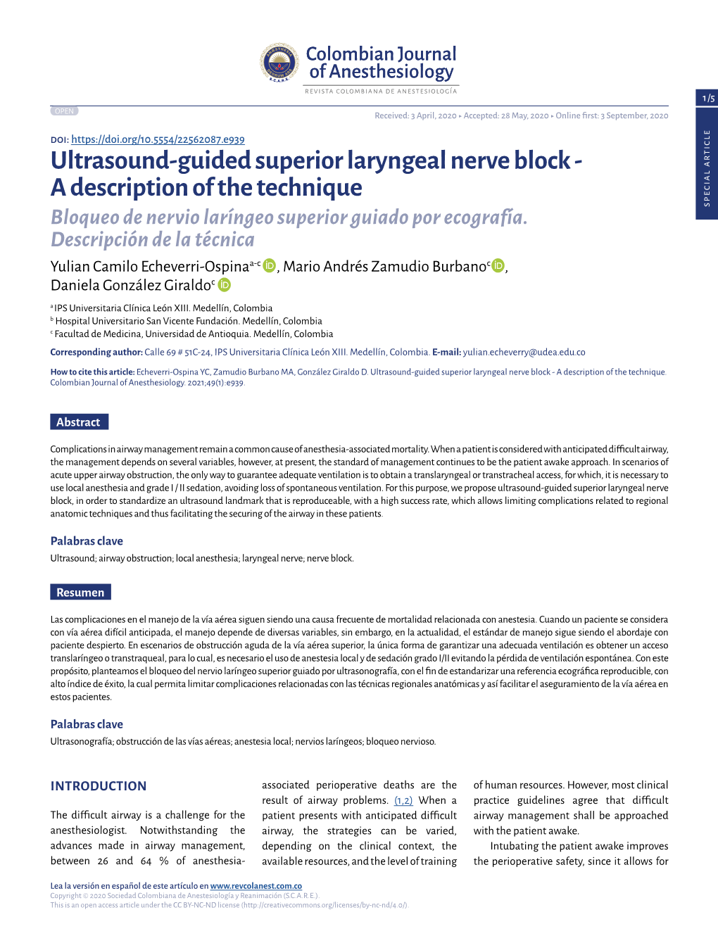 Ultrasound-Guided Superior Laryngeal Nerve Block