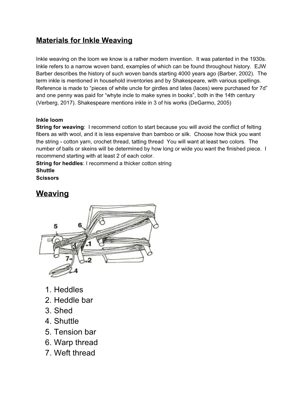 Weaving 1. Heddles 2. Heddle Bar 3. Shed 4. Shuttle 5. Tension Bar 6. Warp Thread 7. Weft Thread