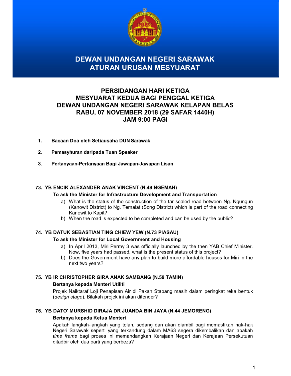 Dewan Undangan Negeri Sarawak Aturan Urusan