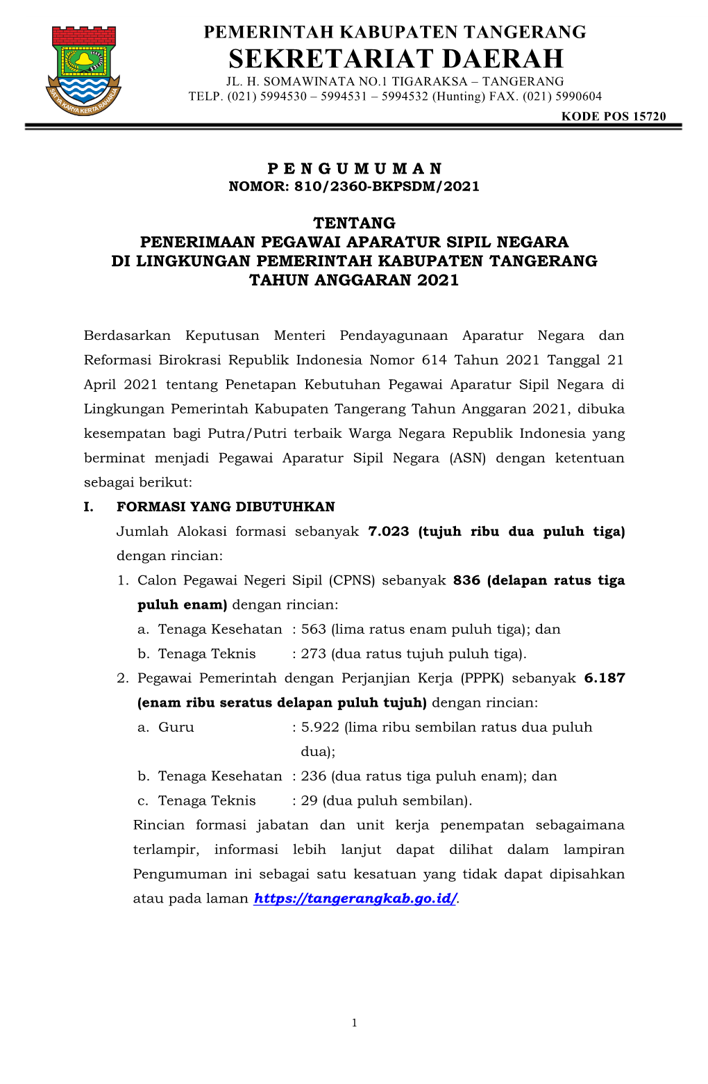 Pemerintah Kabupaten Tangerang Sekretariat Daerah Jl