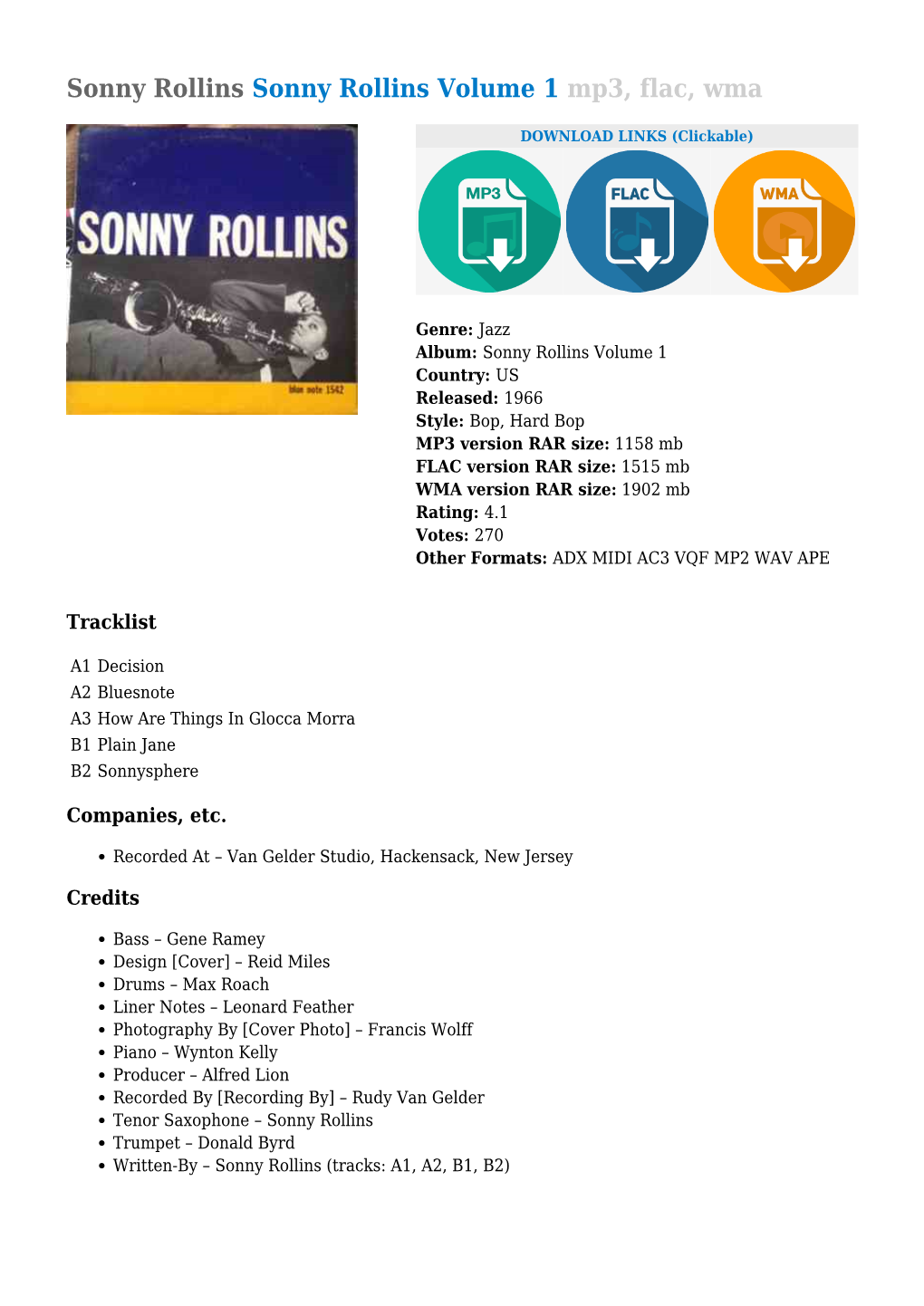 Sonny Rollins Volume 1 Mp3, Flac, Wma